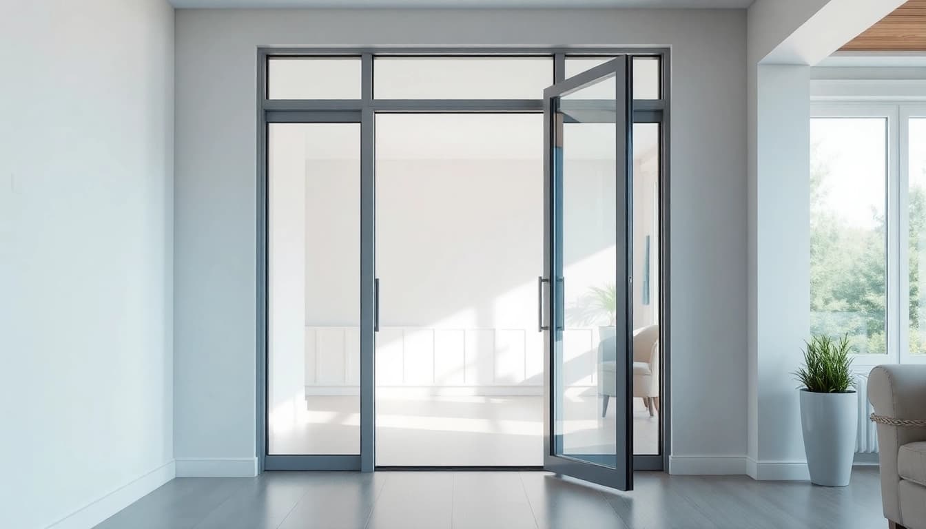 Showcasing a single leaf double swing door with tempered glass in a modern entryway.
