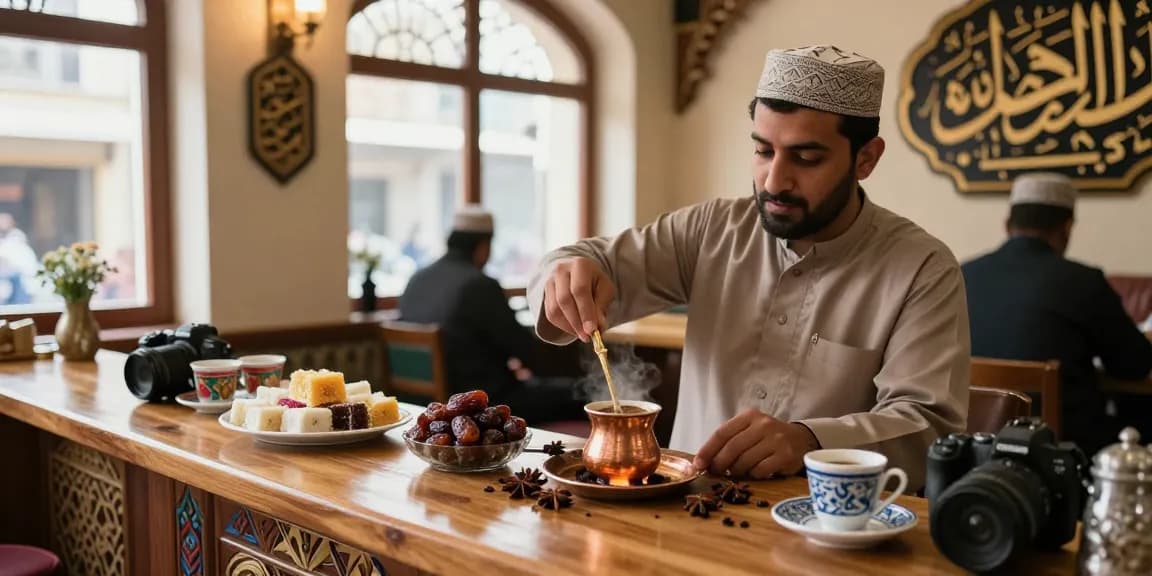 قهوجي يصنع القهوة العربية بجو دافئ في مقهى تقليدي
