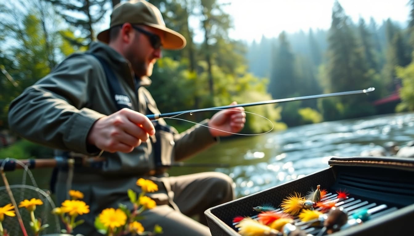 Catch a fly fishing tippet in action with an angler casting in a serene, natural setting.