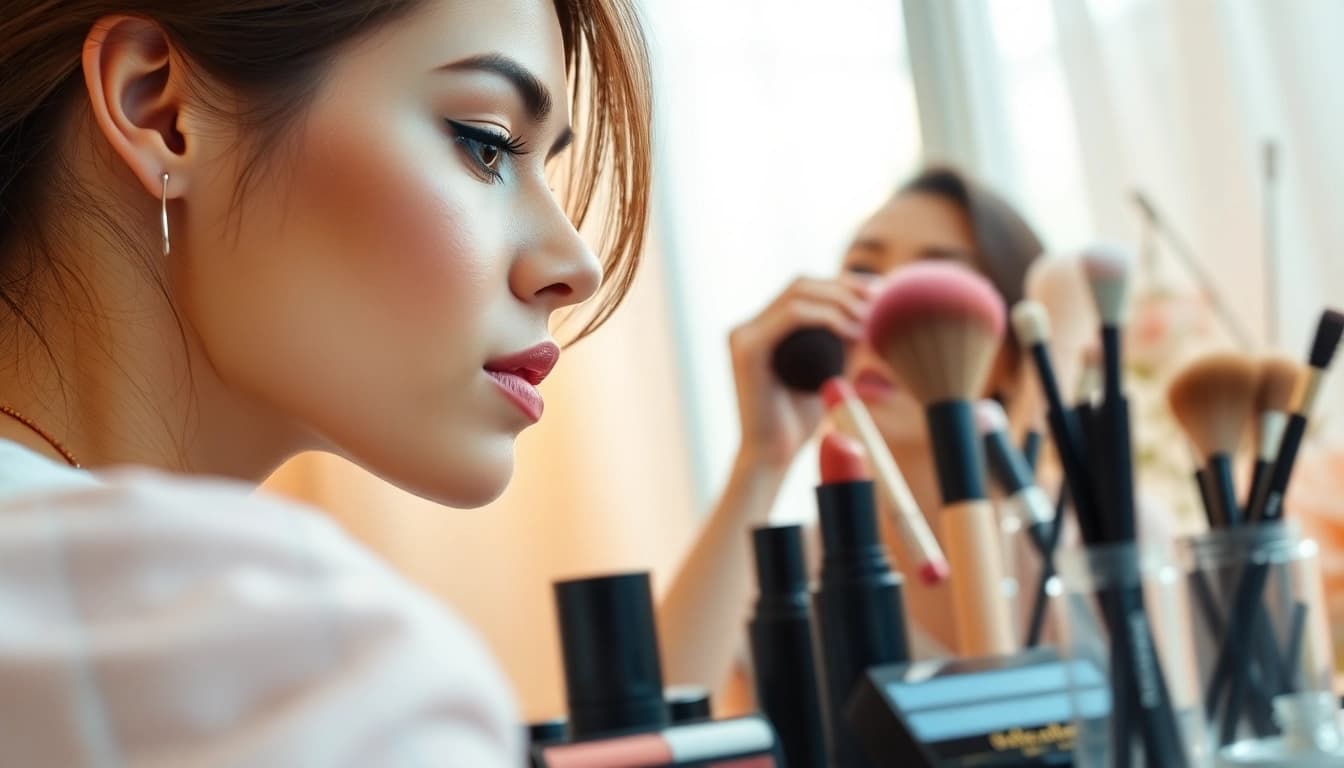 Kosmetika makiažas atliktas elegantiškoje aplinkoje su detaliais kosmetikos priežiūros produktais.