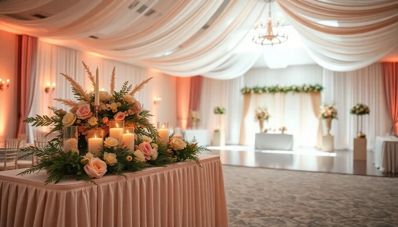 Wedding Event Space Jacksonville showcasing elegant decorations and ambient lighting.