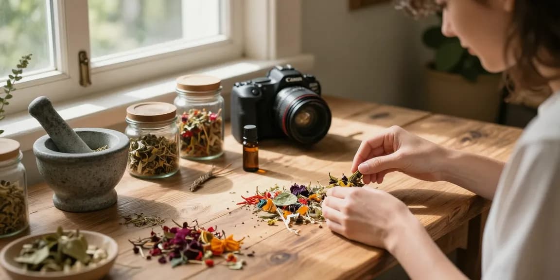 Creating unique blends at blaze-potent-potpourri-k2-paper-shop, showcasing herbs and essential oils.
