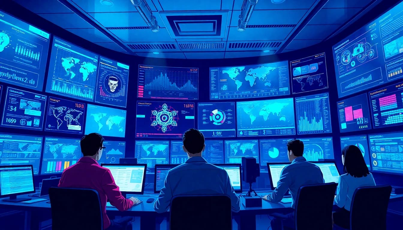 Dynamic cybersecurity team using AI tools for threat analysis in a high-tech command center.