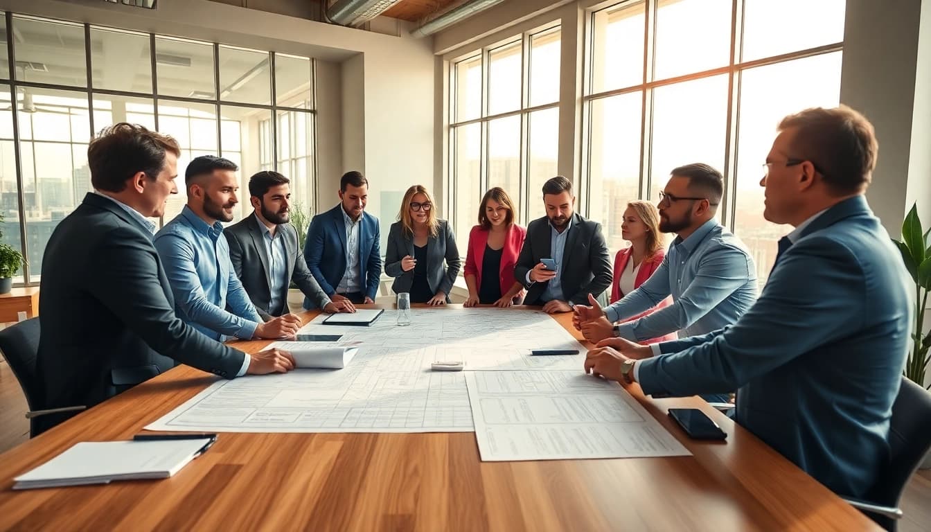Engaging professionals collaborating on construction advocacy in a modern office.