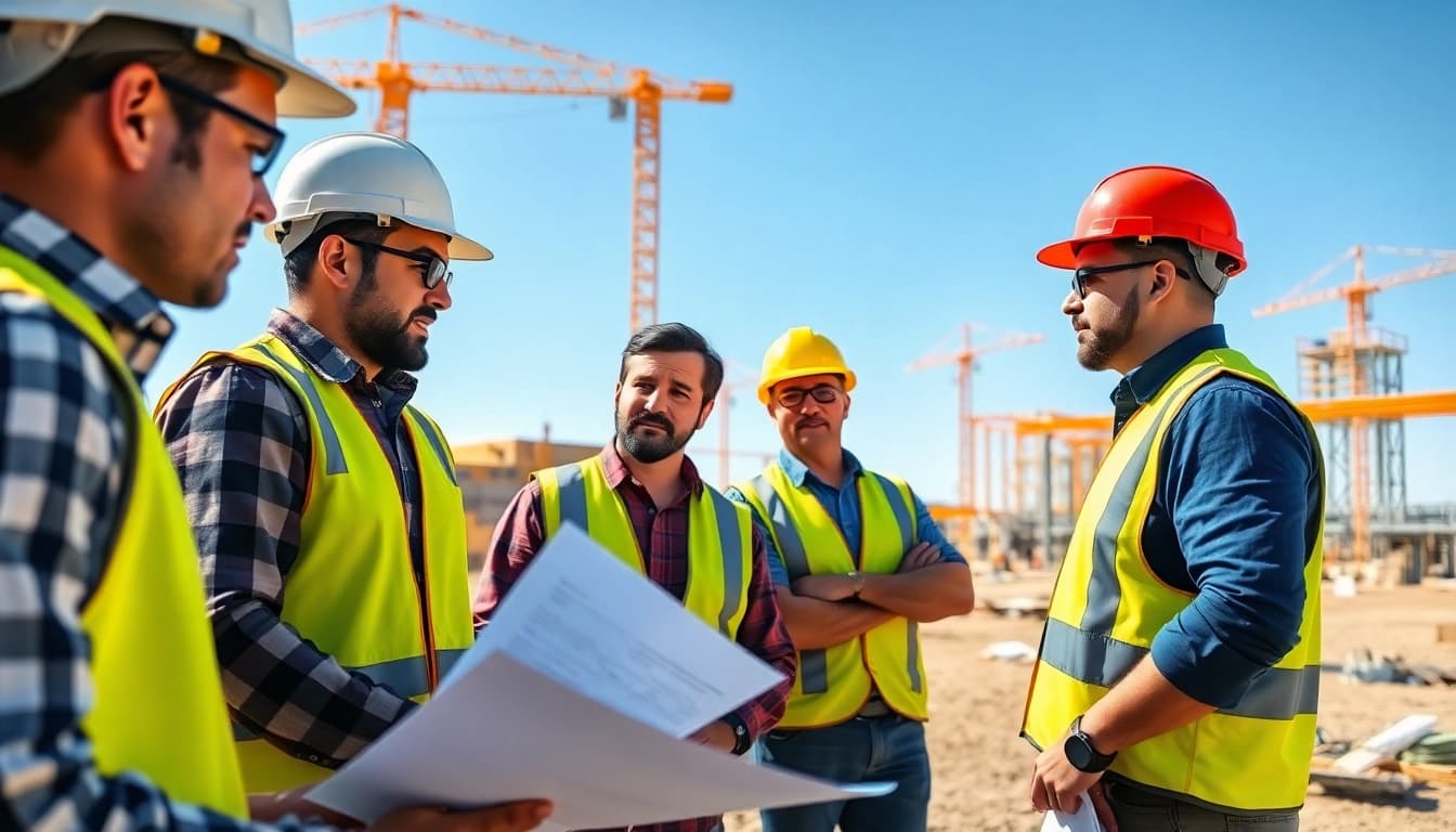 Collaborative meeting of the southern california contractors association professionals at a construction site.