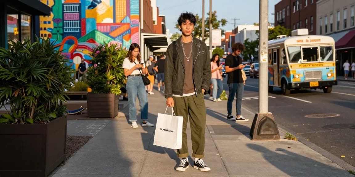 Chic streetwear trend showcased by a shopper holding bags from https://shs-dome5.com/ in a vibrant urban environment.