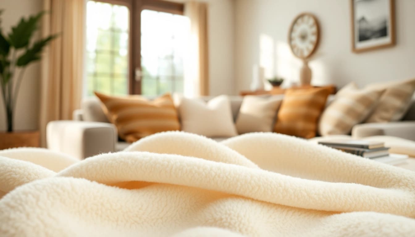 Fleece stof in een gezellige woonkamer met zachte texturen en warme kleuren.