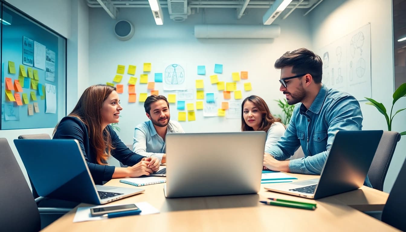 Collaborative team creating an edmonton web design strategy in a bright office.