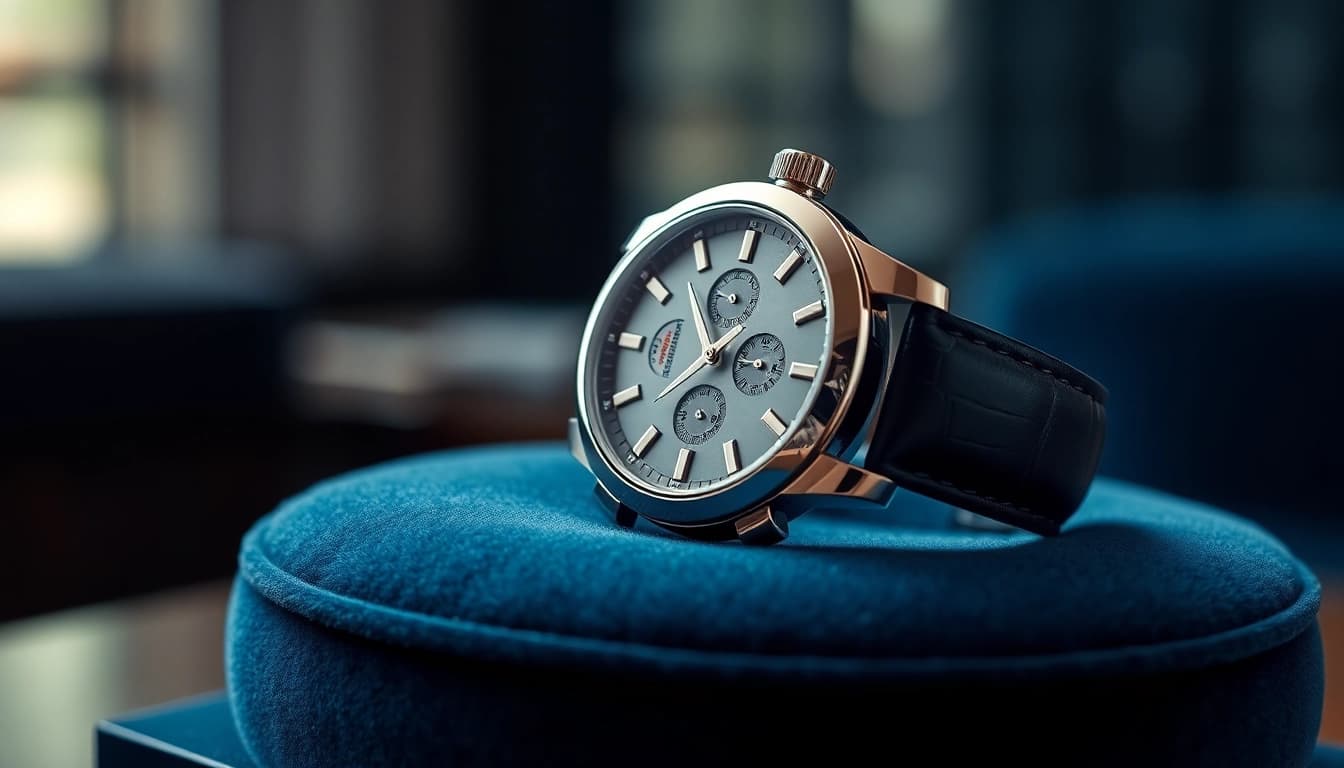 Admire the exquisite replica watch highlighting intricate details on a plush display.