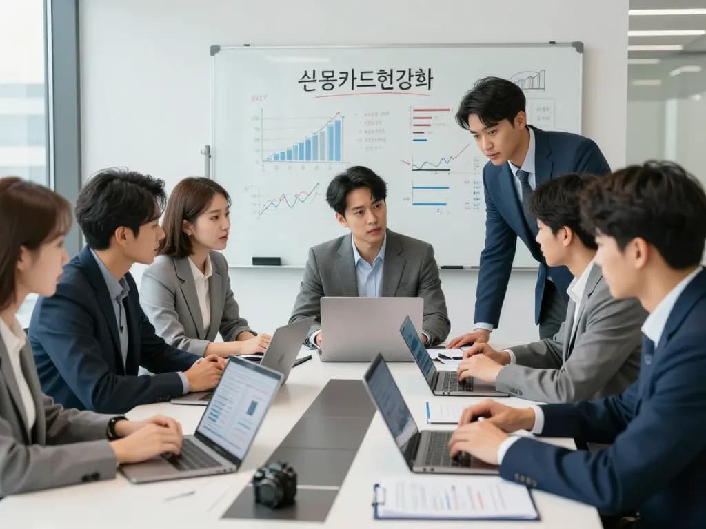 Professional team discussing 신용카드현금화 solutions in a bright office.
