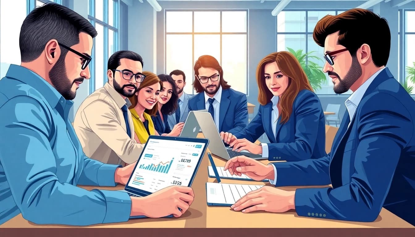 Analyze linkedin scraper pricing data with business professionals in a modern office setting.