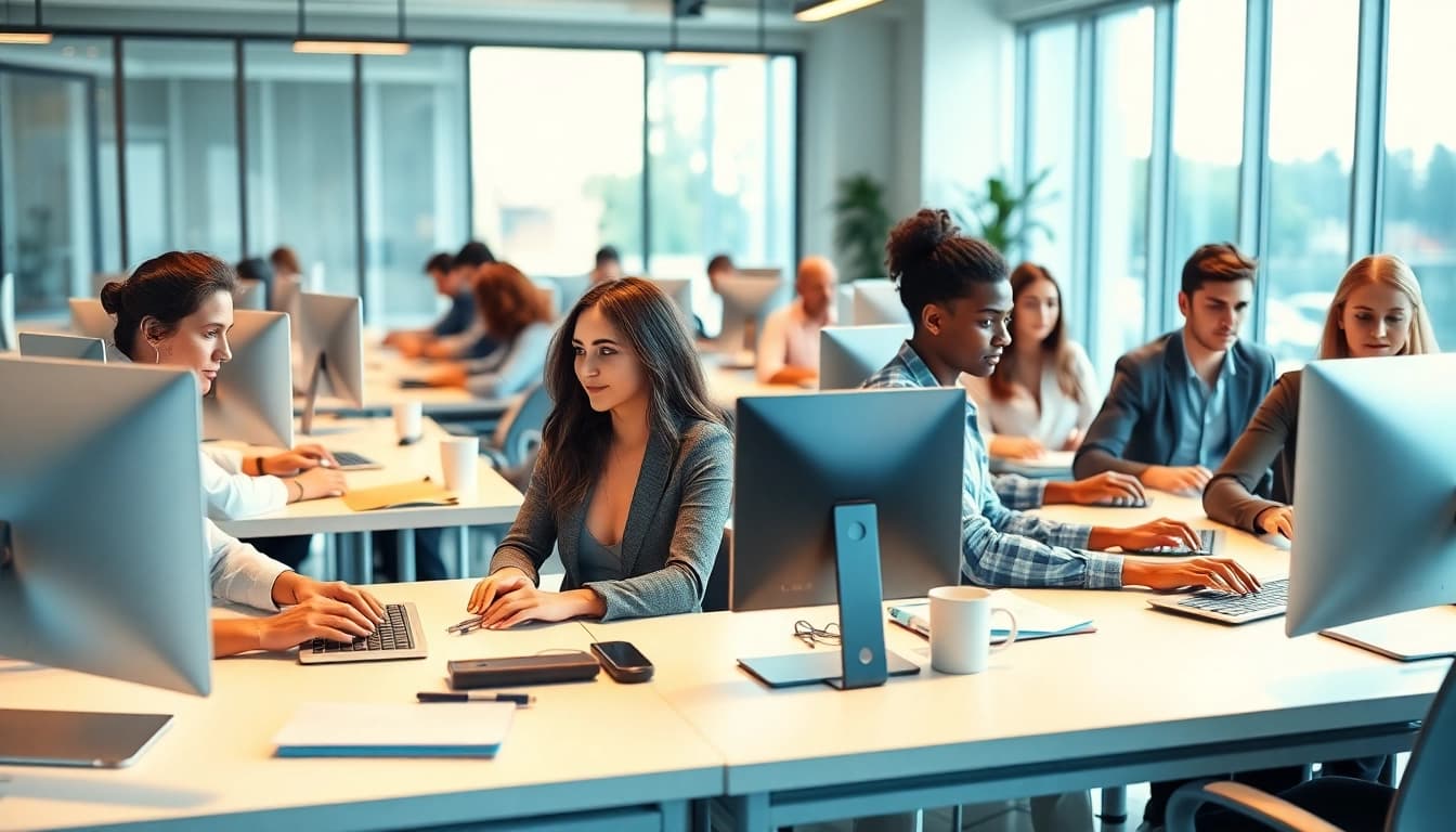 Engaging activities at a typing center with a diverse team in a bright office environment.