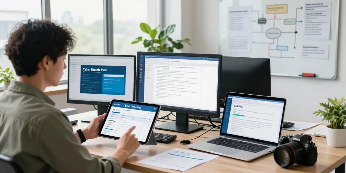 Cyber Essentials Plus certification review in a modern office setting with a consultant and audit materials.