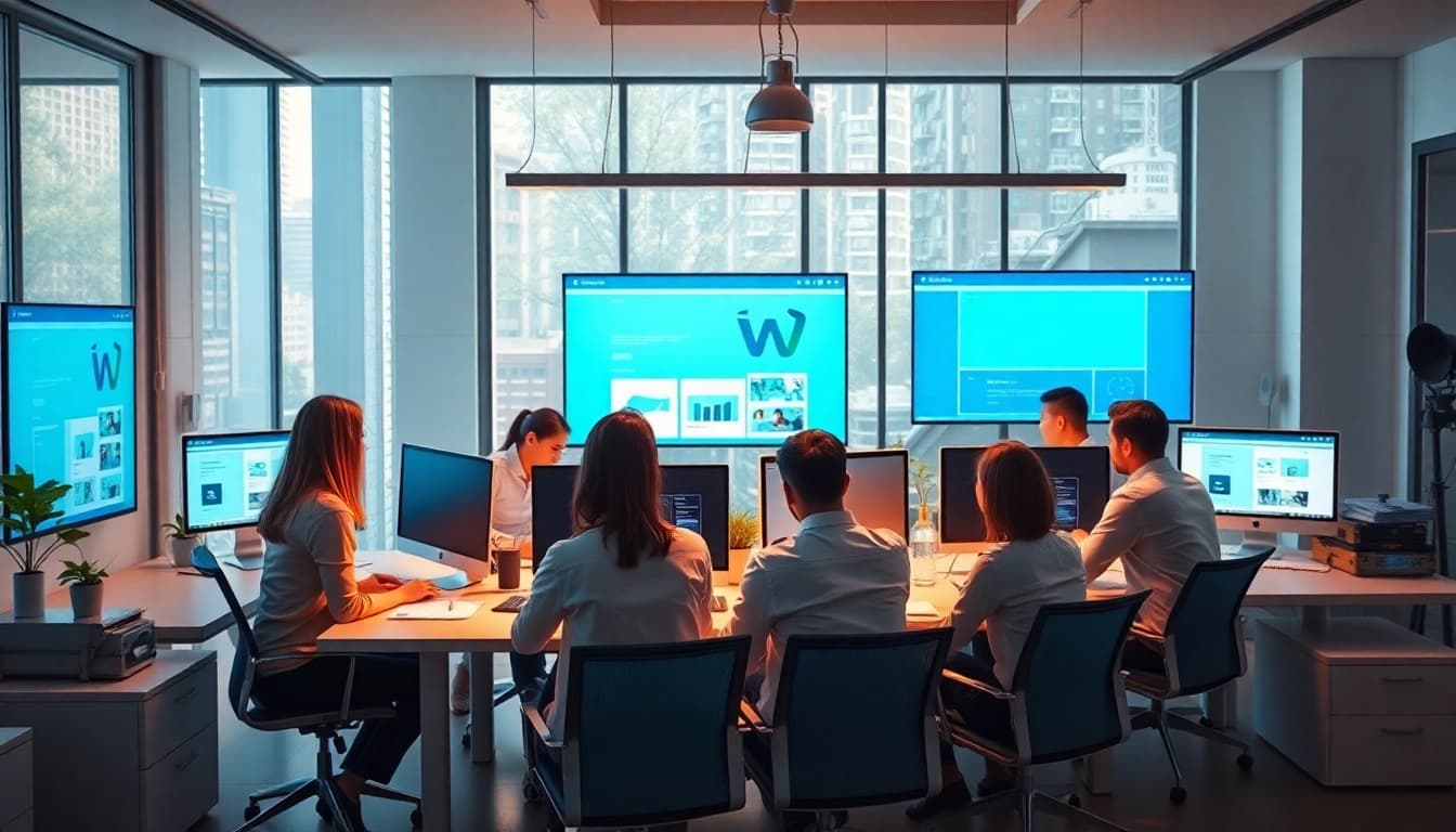 Professional team collaborating on thiết kế website theo yêu cầu in a modern office.