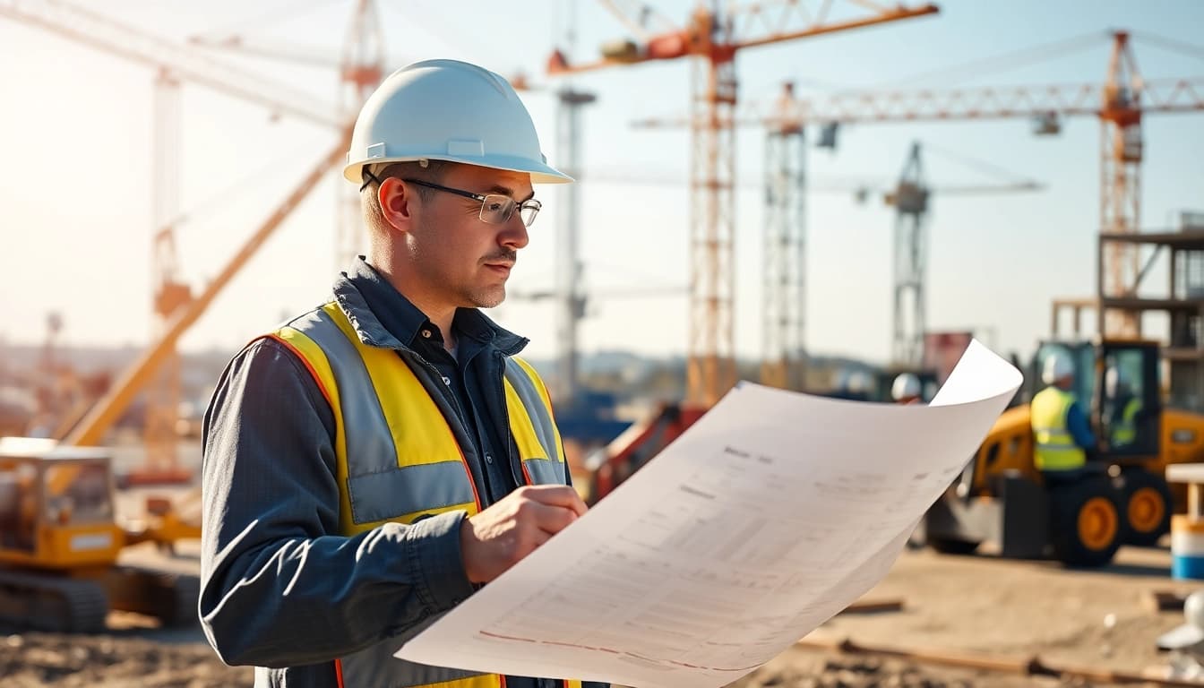 New Jersey Construction Manager collaborating at a busy construction site with workers and machinery.