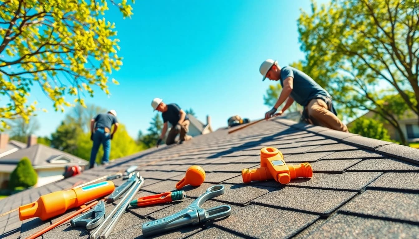 Installers working on high-quality roofing solutions in a sunny residential area with tools organized.