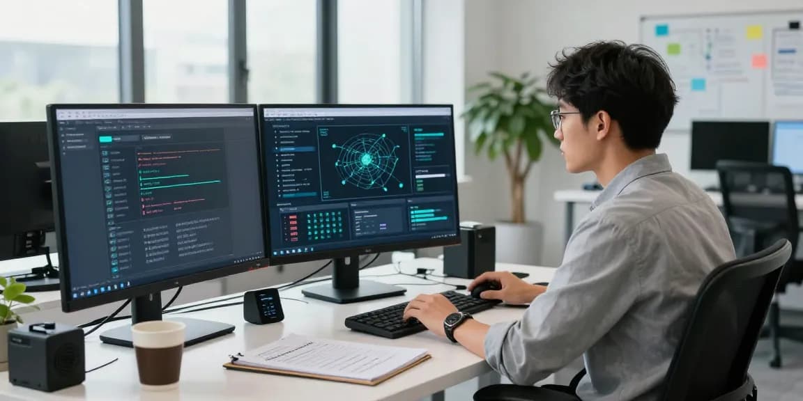 Digital security analyst monitoring browser access at https://shs-dome5.com/ with real-time alerts and tech gadgets