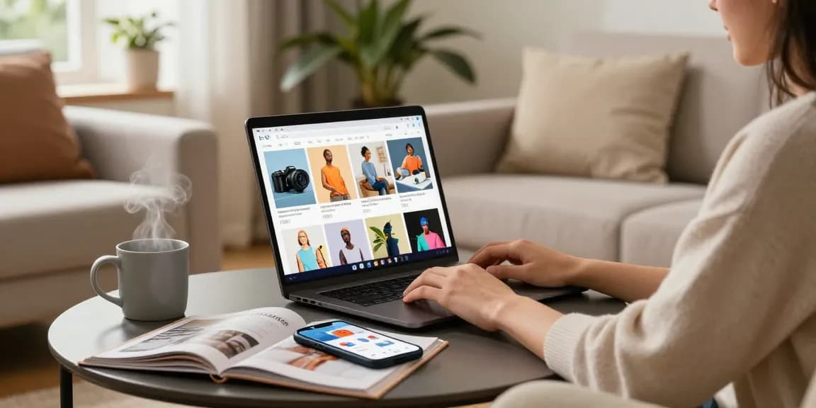 E-commerce shopping experience showcasing a cozy scene featuring an individual browsing products online at https://forumup.org/shop/search.php?ca_id=&addr1=&addr2=&addr3=&schKeyword= with warm lightin