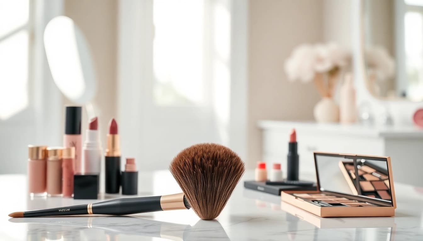 Using a dense makeup brush on a marble vanity with a sleek design and soft bristles.