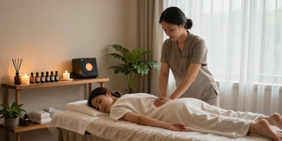 1인샵 massage therapist creating a calming atmosphere with essential oils and soft lighting.