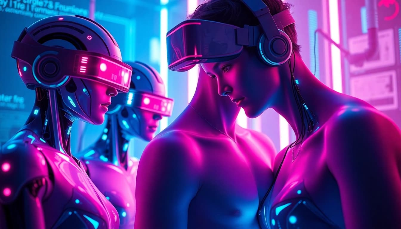 Engaging scene of AI avatars and humans interacting, exploring the concept of ai sex.