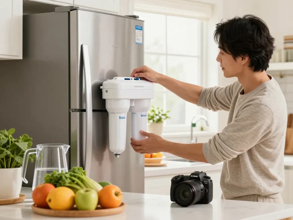 Person installing Waterdrop Plus 5231JA2002A NSF 401&53 Refrigerator Water Filter in a bright kitchen.