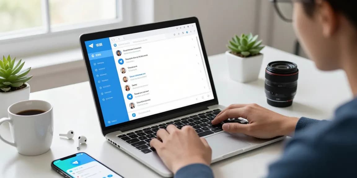 Explore Telegram中文 features in a modern workspace with user engaging on laptop.
