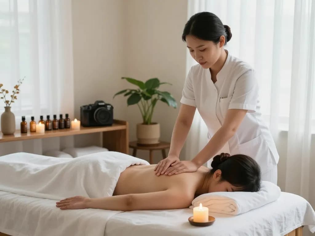 Massage therapist providing soothing 마사지 in serene spa environment with candles and natural light.