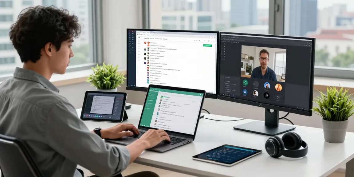 Using WhatsApp電腦版 on a laptop in a modern workspace with tech gadgets.