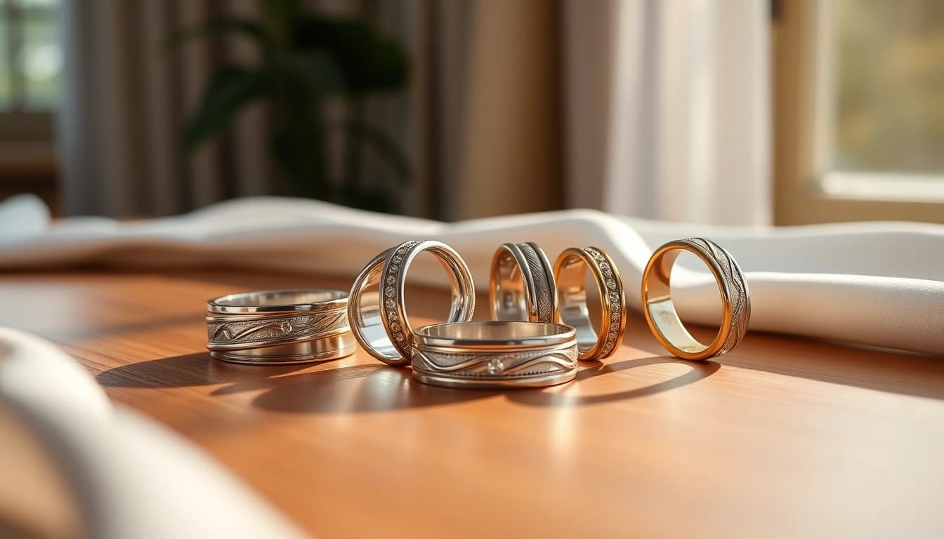 Showcase of unique wedding bands for men highlighting intricate designs and gemstones.