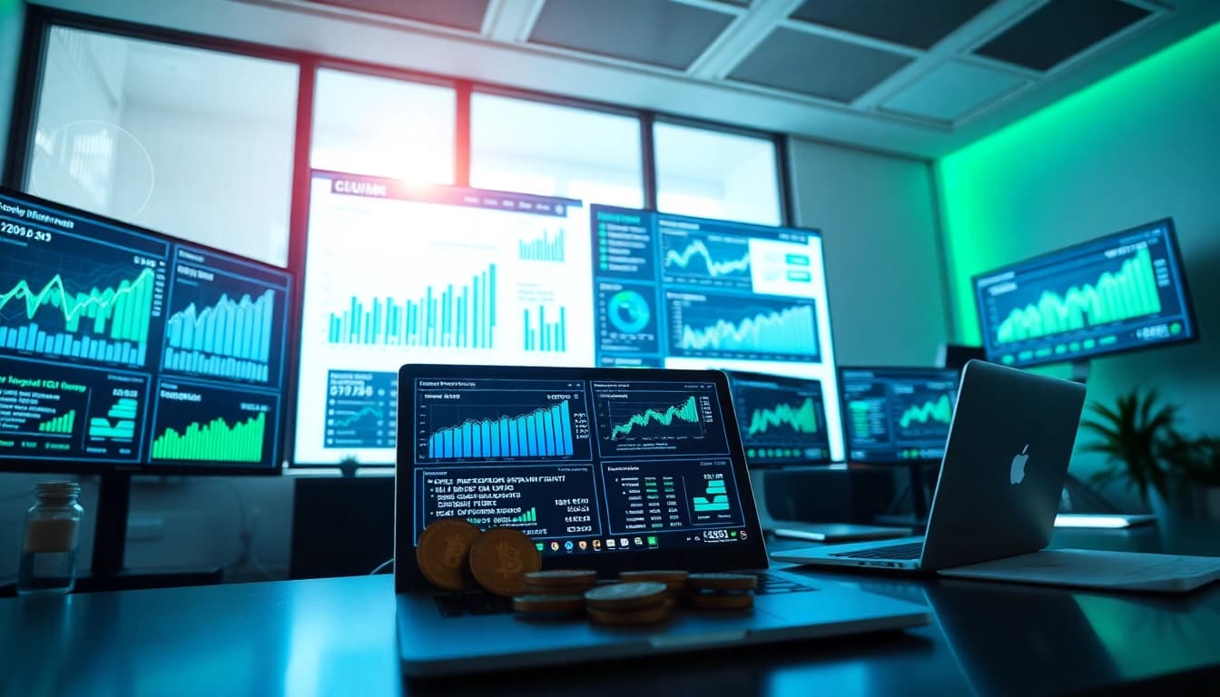 Engaging workspace illustrating cloud mining app performance with digital screens and analytics.