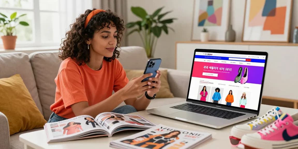 Explore trends in 레플리카 사이트 as a stylish influencer shops on her smartphone, enhancing her fashion choices.