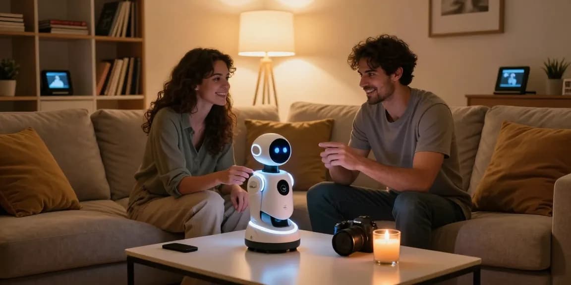 Engaging moment between a couple and a sex bot in a cozy living room setting, emphasizing intimacy and technology.