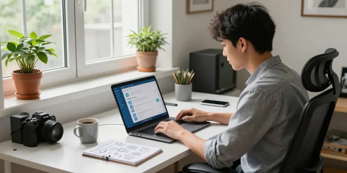 Young professional using Telegram app in a modern workspace, showcasing telegram中文 integration.