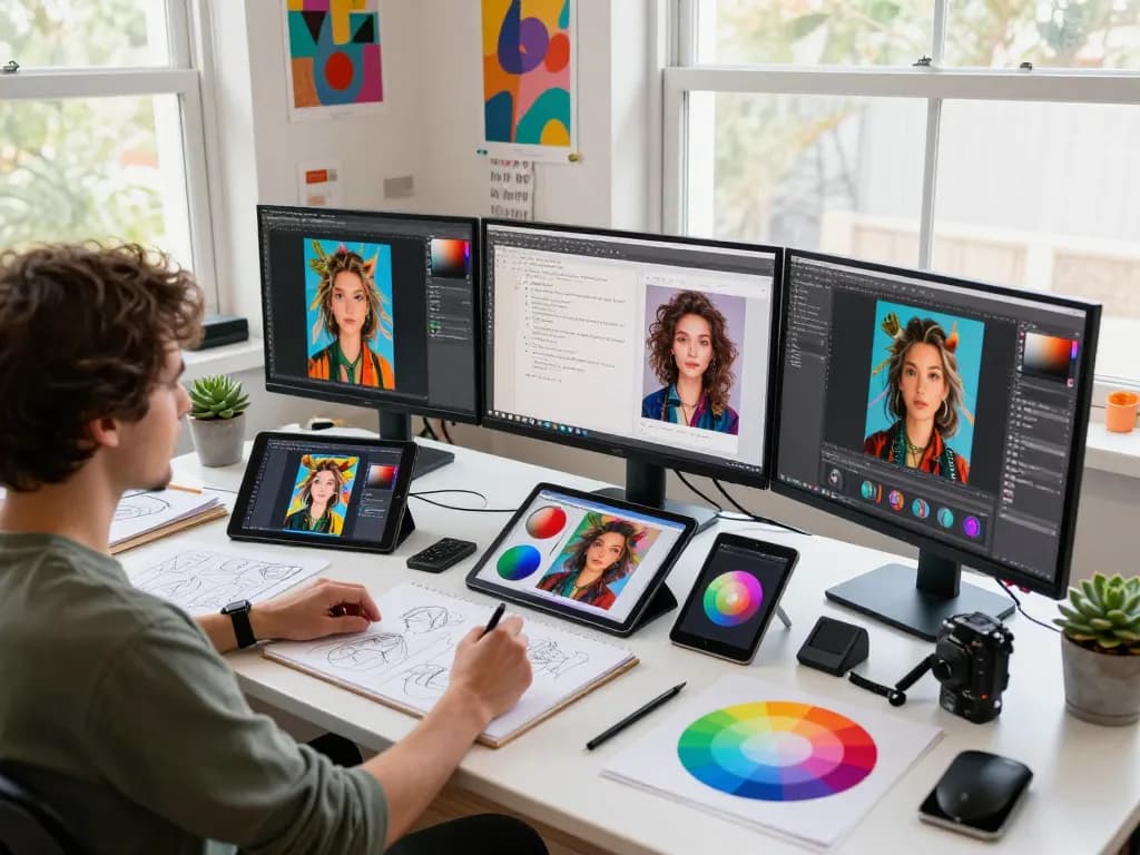 Artist generating image to prompt using AI tools in vibrant, creative studio.