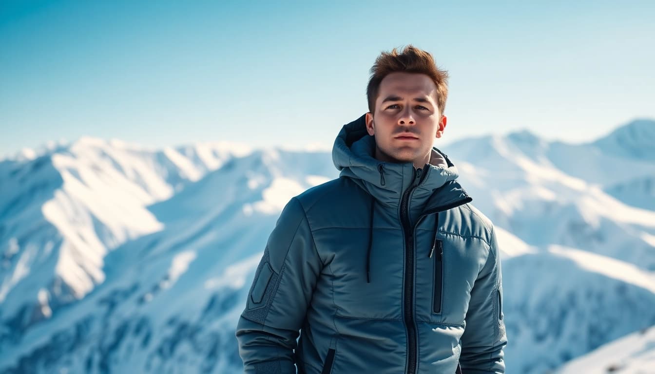 Model showcasing nils winter jackets against a stunning snowy mountain backdrop.