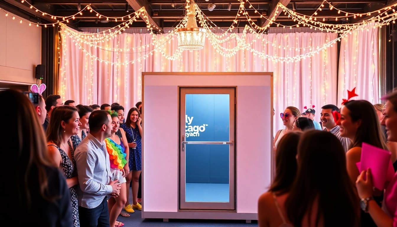 Engaging photo booth chicago experience with guests having fun and colorful props