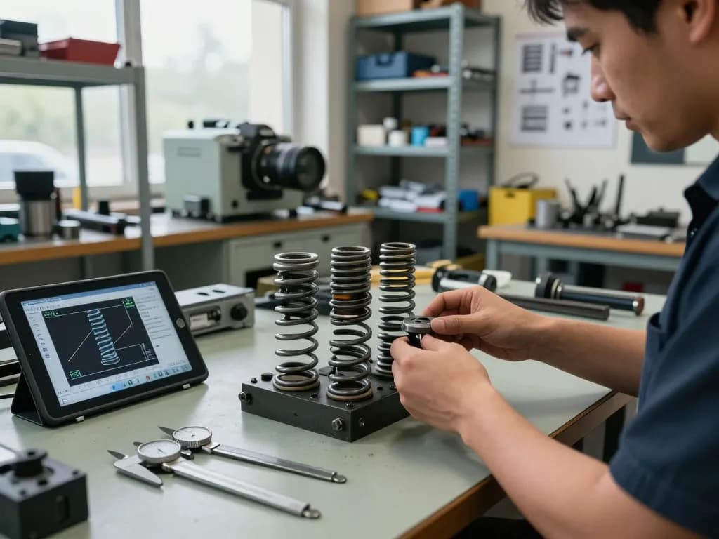 Tehnician analizând arcuri torsiune într-un atelier de inginerie cu unelte și proiecte CAD.
