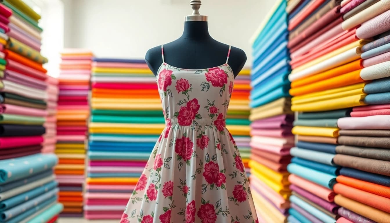 Dames stoffen online met kleurrijke stoffen en een elegante jurk in de voorgrond.