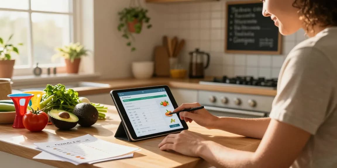 Individual using the best calorie tracking app in a cozy kitchen setting filled with fresh ingredients.