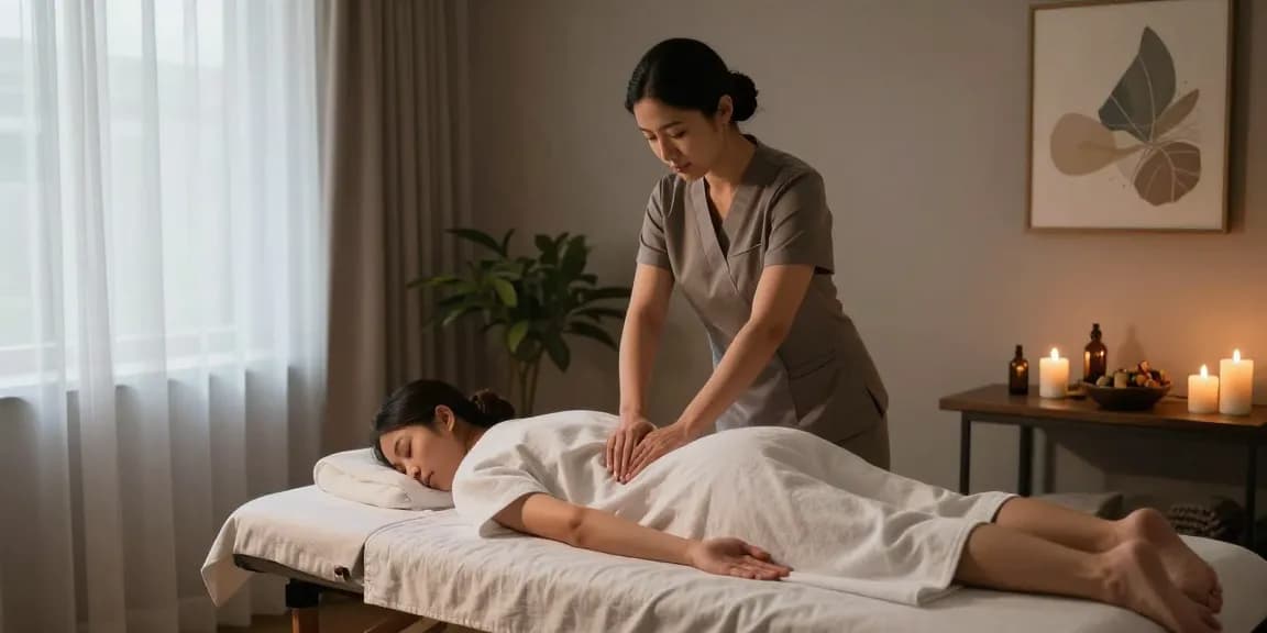 마사지 therapy room with therapist performing Swedish massage, calming ambiance and essential oils.