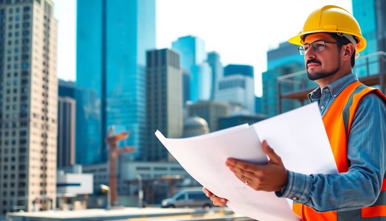 Engaged Manhattan General Contractor examining plans at a bustling construction site.