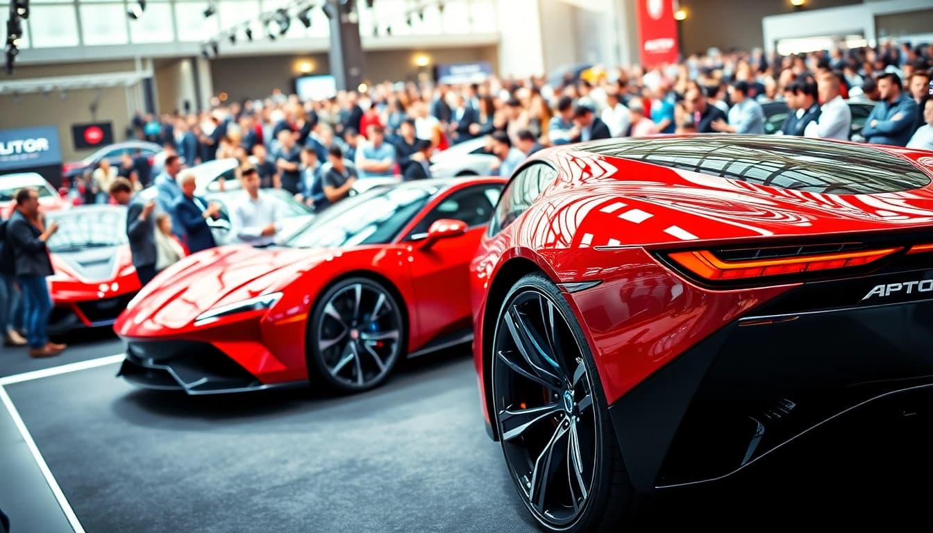 Tour attendees admire innovative vehicles at the Auto Cars Show event.