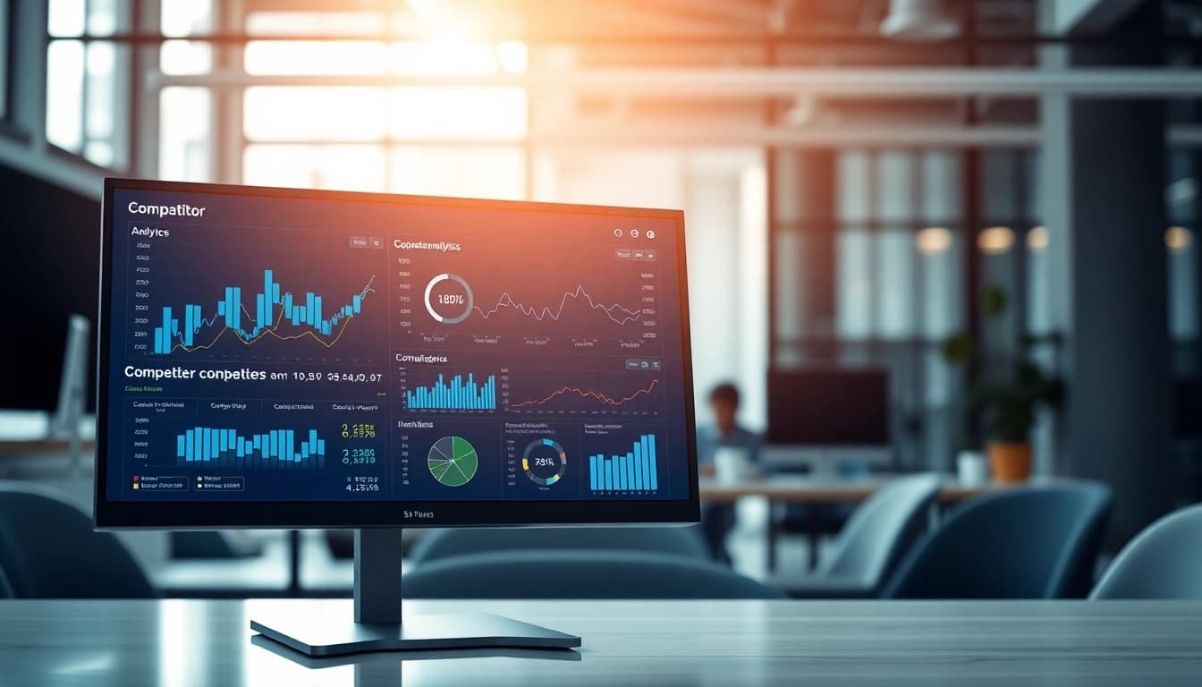 Analyze market trends using AI for competitor analysis displayed on a digital dashboard in a modern workspace.