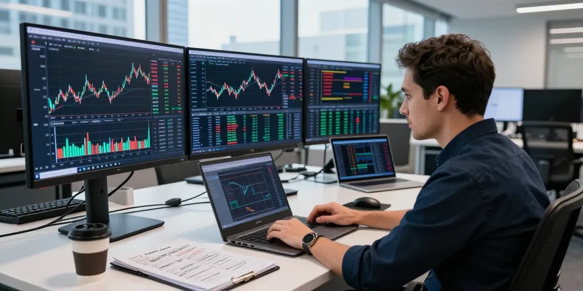 Professional trader using MetaTrader 5 analyzing market data on multiple screens.