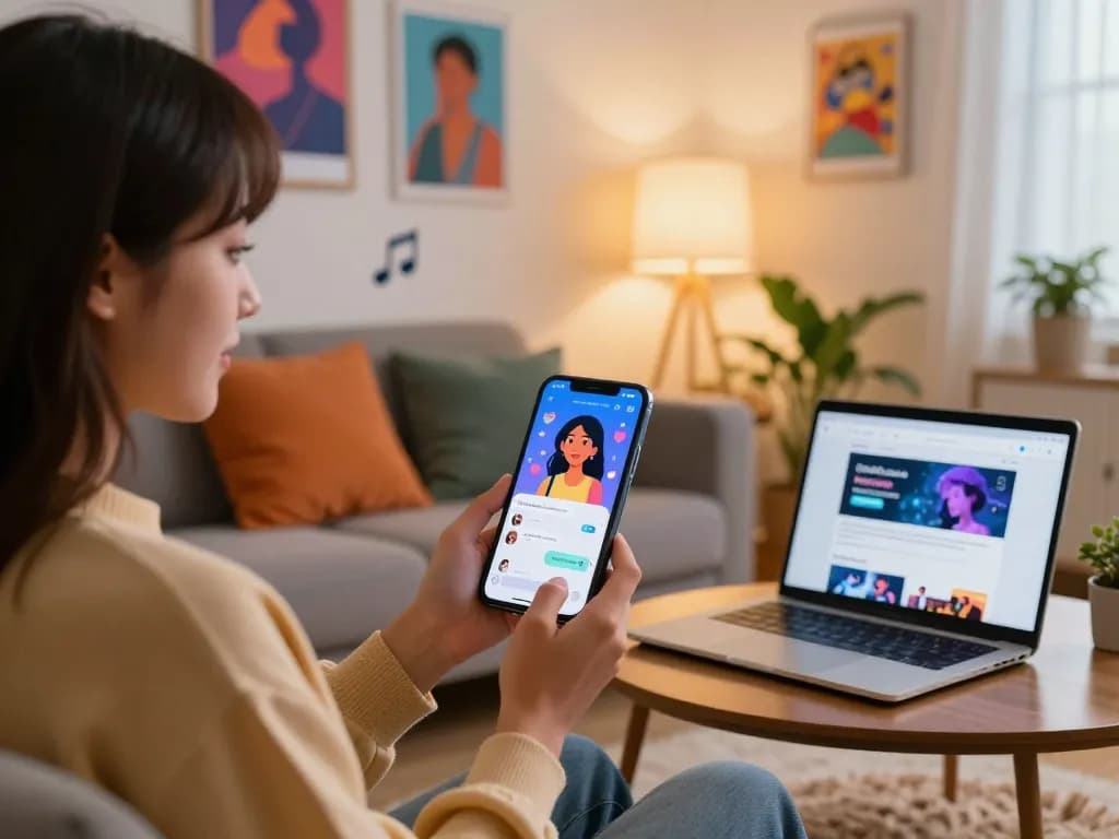 Engaging interaction with an AI girlfriend app showcasing lively character chat in a modern living room.