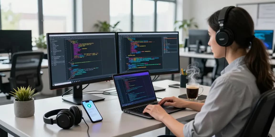 Communicative workspace showcasing a developer coding Telegram features using 纸飞机中文版 tools.