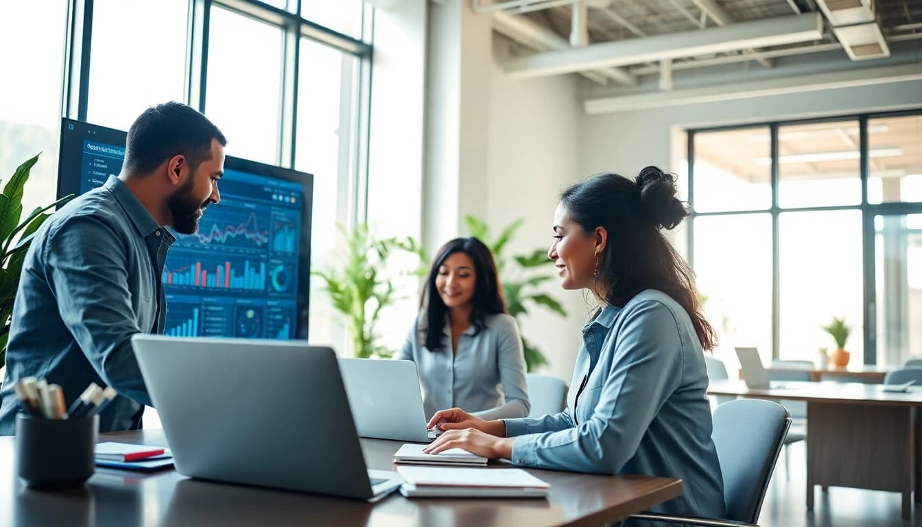 Showcasing an assistant for enterprise in a modern office, facilitating teamwork and efficiency.