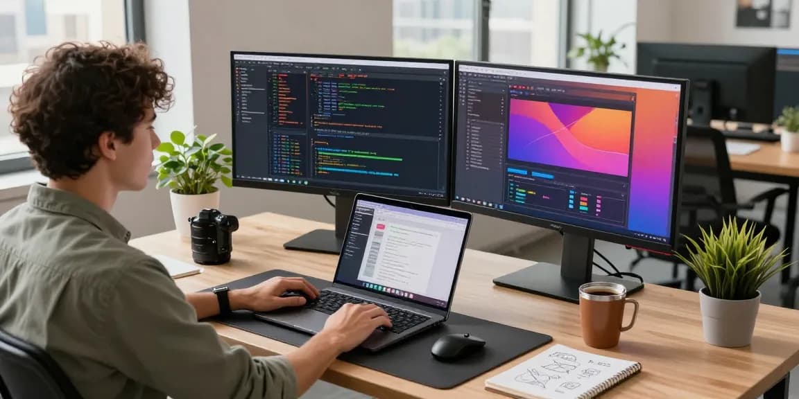 Developer at high-tech workspace demonstrating 截图工具下载 efficiency with dual monitors and collaborative tools.