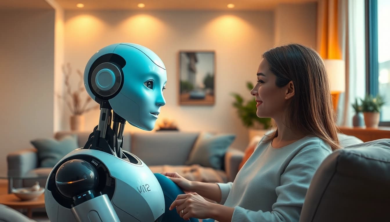 An AI sex bot interacting with a user in a cozy, modern living room, showcasing innovation and intimacy.